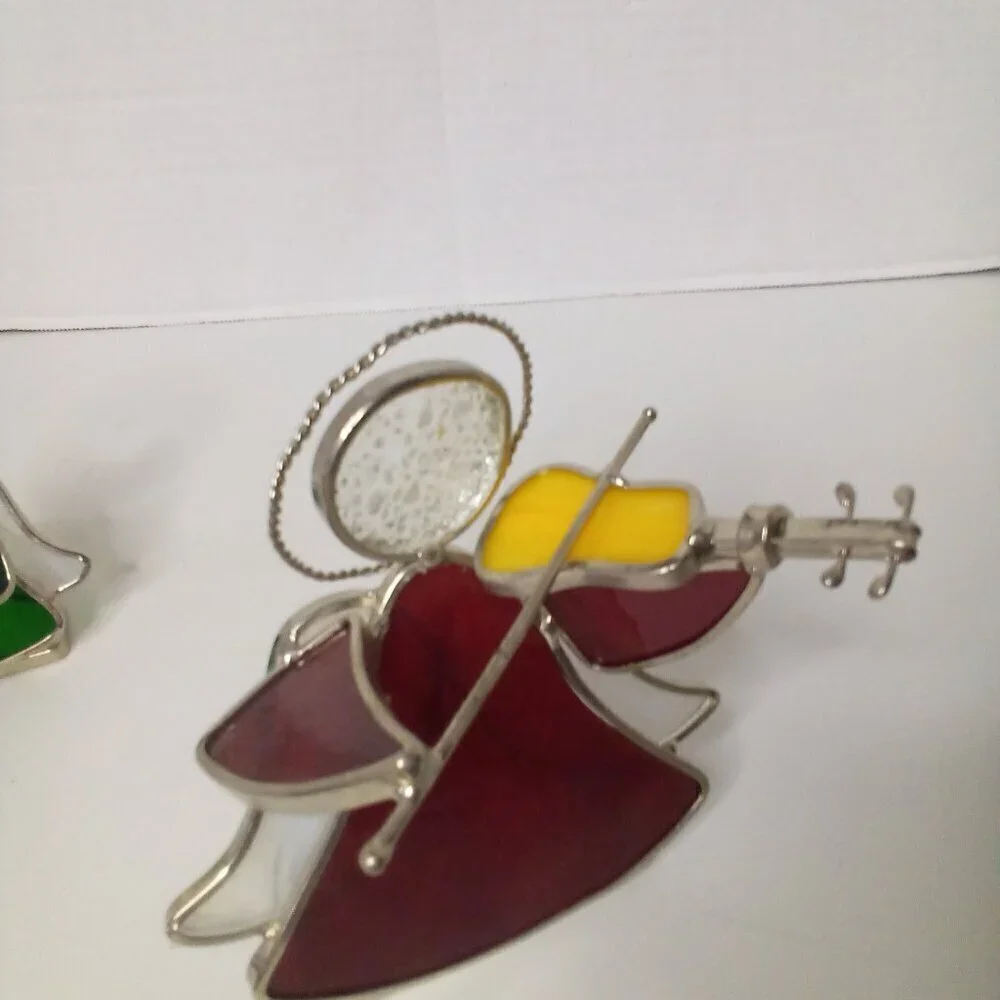 Stained Glass Angel Tea Light Candle Holders Musical Horn Violin Red Green